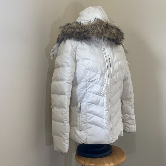White "Eddie Bauer" Down jacket, removable hood with faux fur trim - Picture 2 of 16